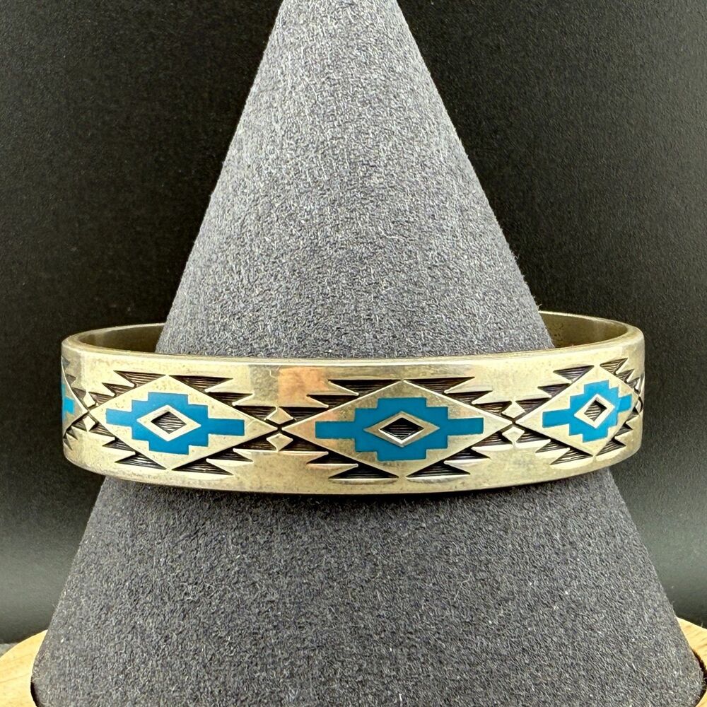 Vintage Kabana KBN Sterling Silver Blue Inlay Cuff Bracelet Southwestern